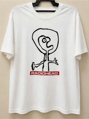 Gildan White Radiohead Graphic Tee with Black Artwork and Red Logo
